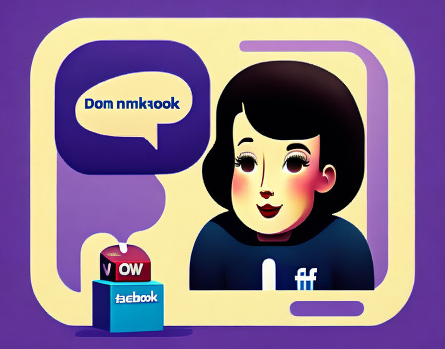 Stylized female face with speech bubble, social media icons, and Facebook tag shirt on purple background