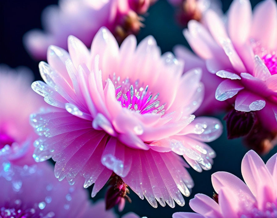 Vibrant pink flowers with dewdrops on petals in close-up view