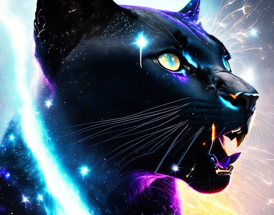 Mystical digital art: black panther with glowing eyes in cosmic setting