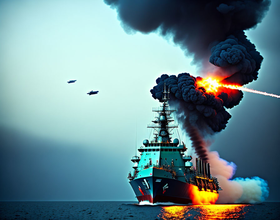 Naval warship ablaze with helicopters in dark sky