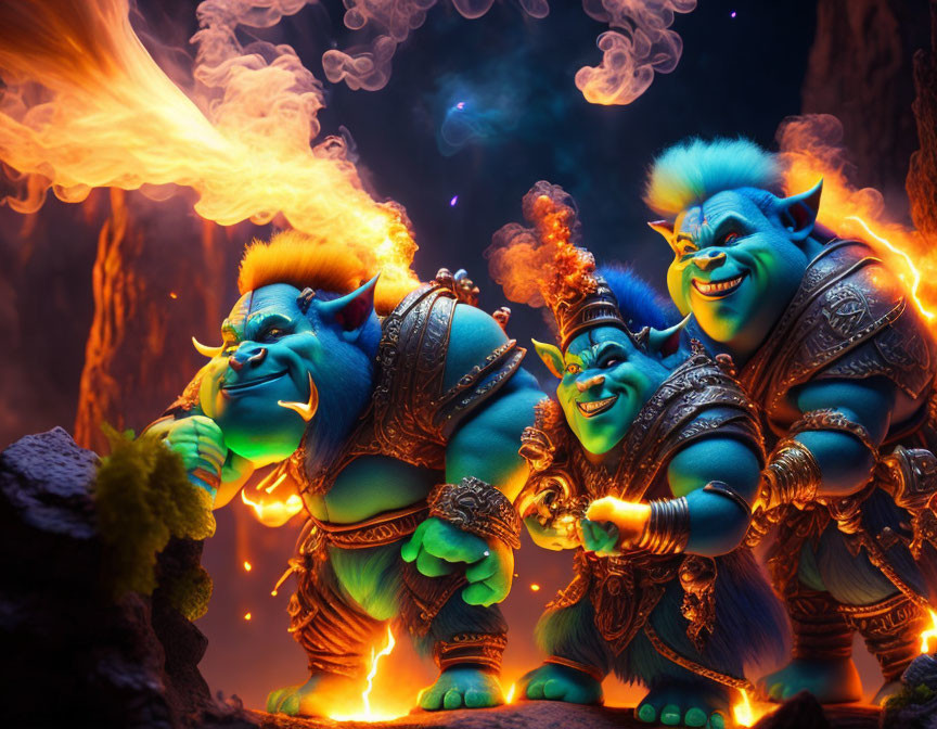 Animated blue ogres with fiery hair by lava breathing fire.