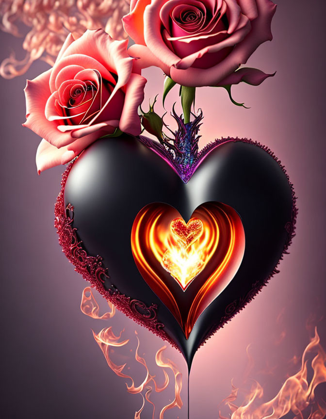 Symbolic Composition: Black Heart, Flames, Glowing Core, Roses & Ornate Details