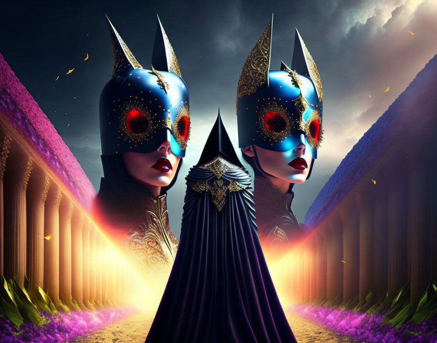 Two individuals in ornate masks and black attire surrounded by mystical twilight.