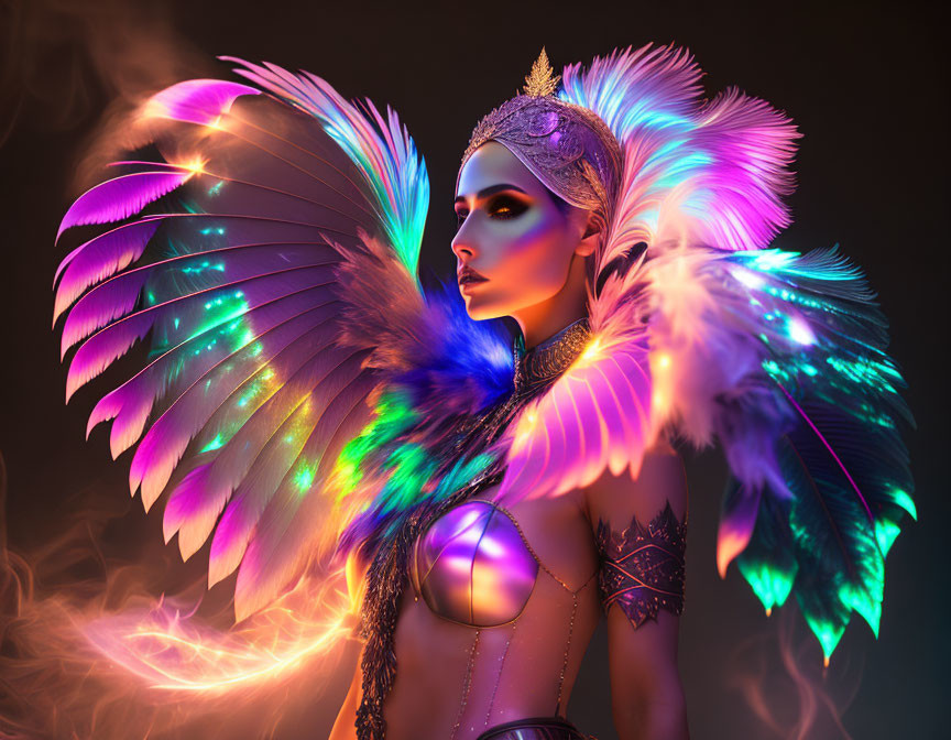 Colorful Angel Wings and Fantasy Makeup in Dark Moody Setting