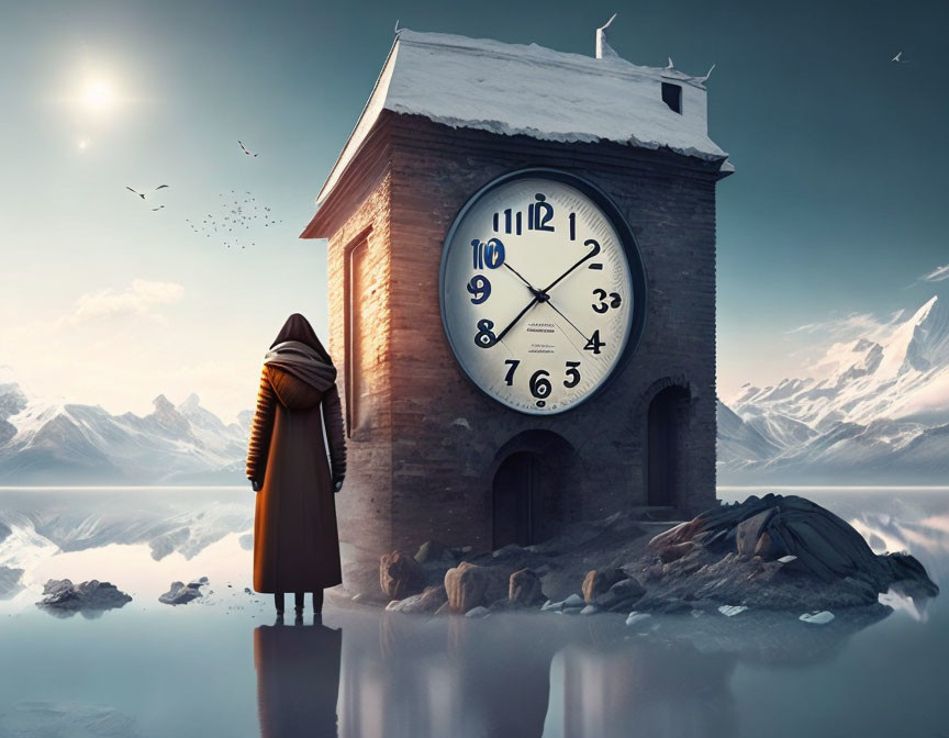 Cloaked figure in icy landscape with surreal clock tower