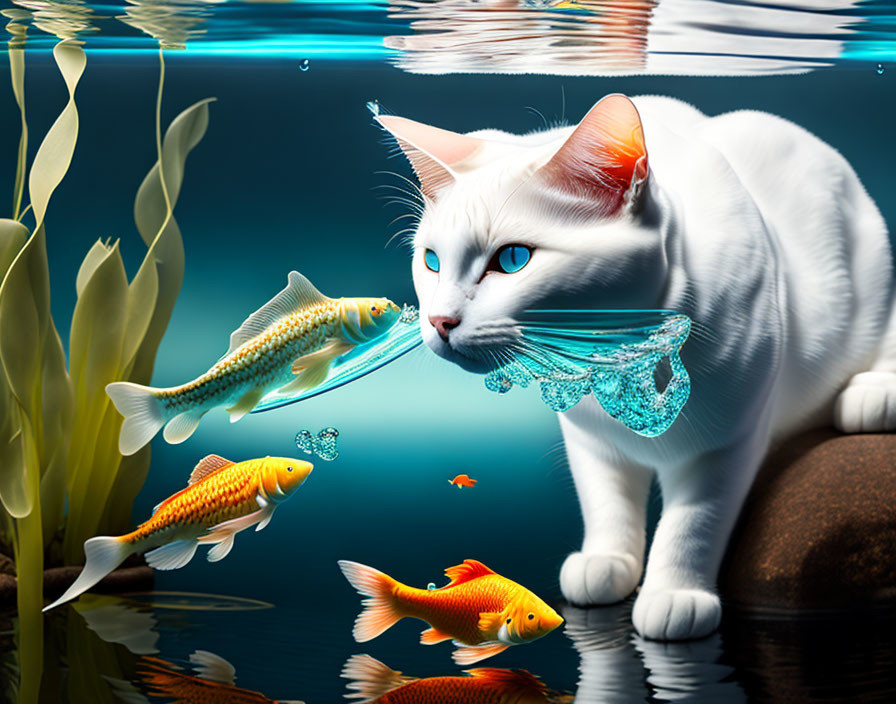 White Cat Drinking Water from Pond with Orange and Yellow Fish