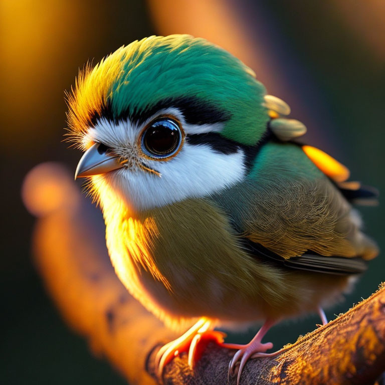 Colorful bird with black mask perched on branch in sunlight