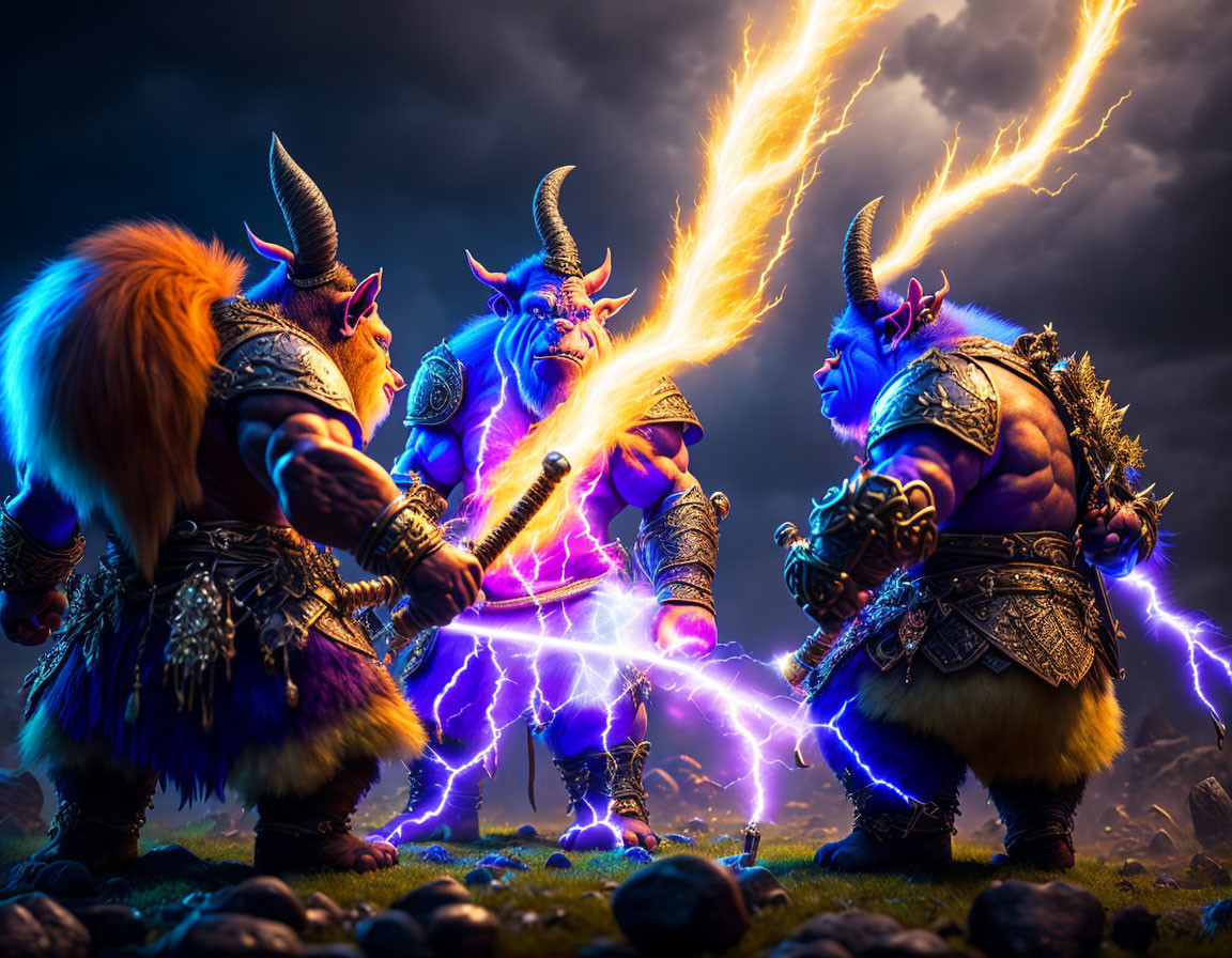 Animated fantasy warriors with horns in dramatic lightning standoff