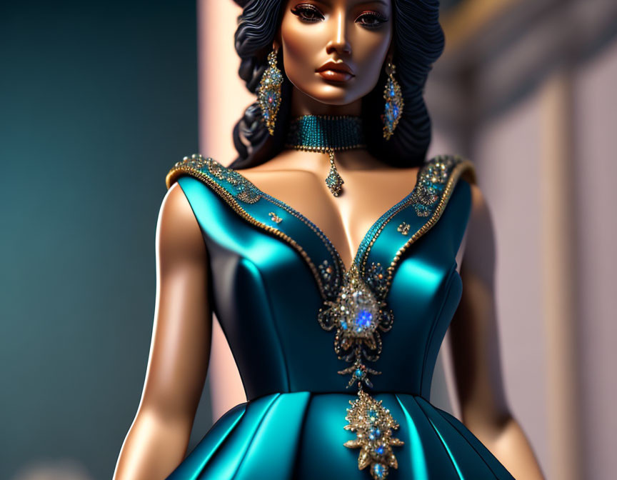 3D-rendered woman in turquoise dress with golden embroidery