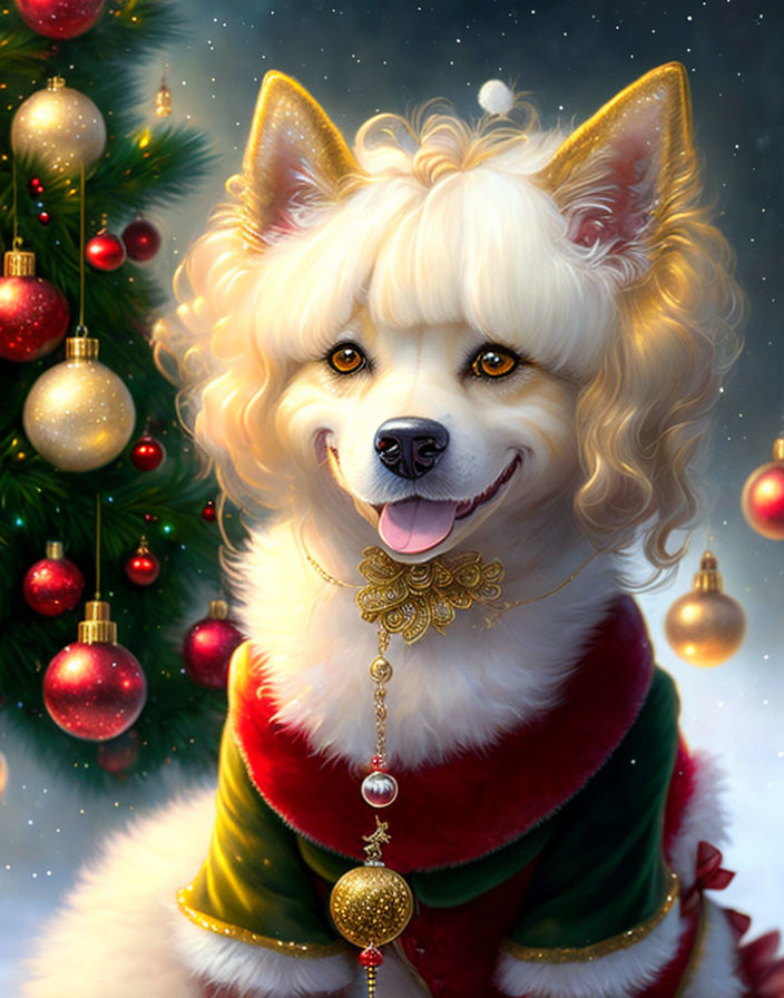 Fluffy white and tan dog in festive attire by Christmas tree