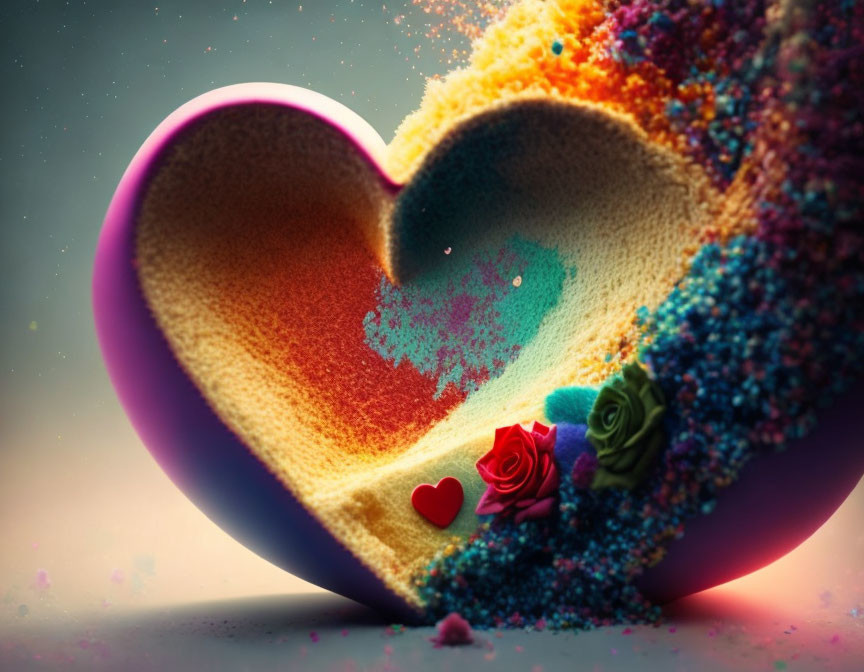 Heart-shaped colorful sand and rose layers composition