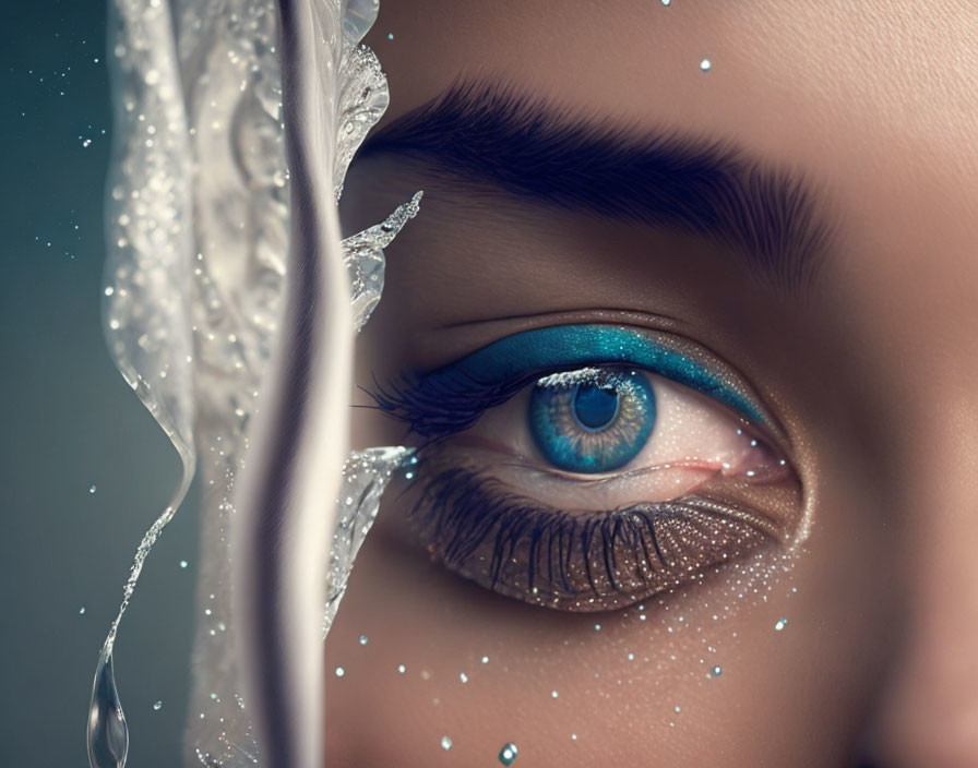 Blue-eyed person with sparkling makeup and water splashing detail.