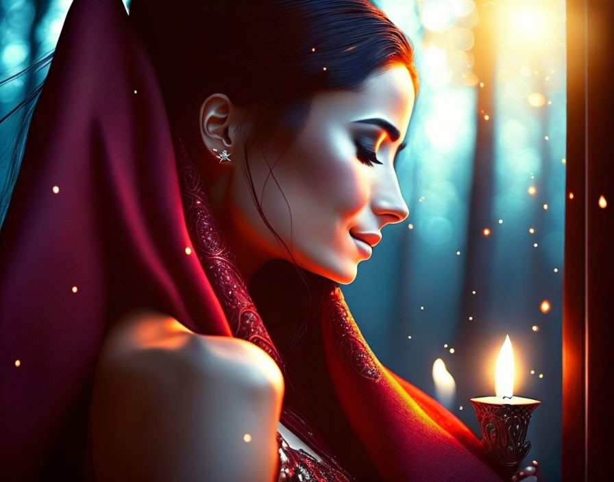 Profile of Woman Holding Candle in Warm Light Against Blue Bokeh Background