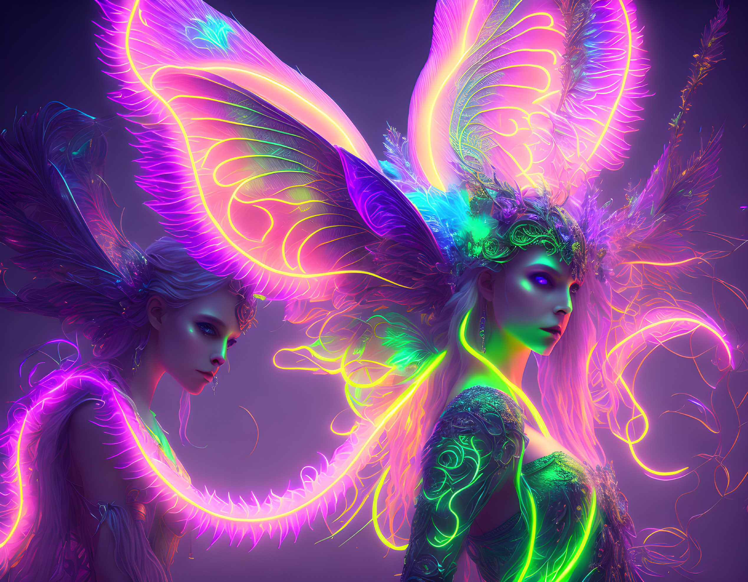 Ethereal female figures with vibrant wings and intricate headdresses in neon-lit setting