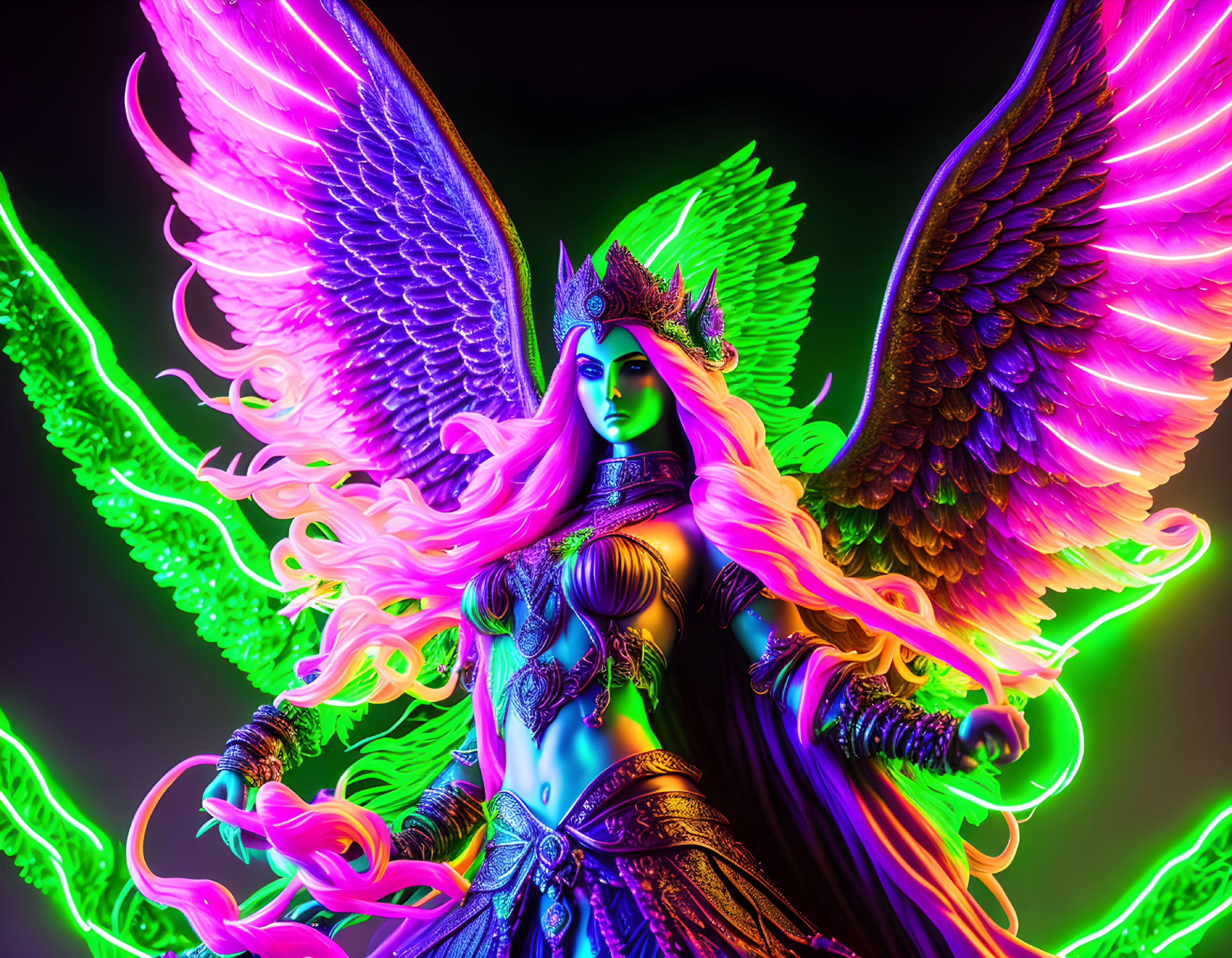 Fantasy Artwork: Female Figure with Pink Wings and Elaborate Armor