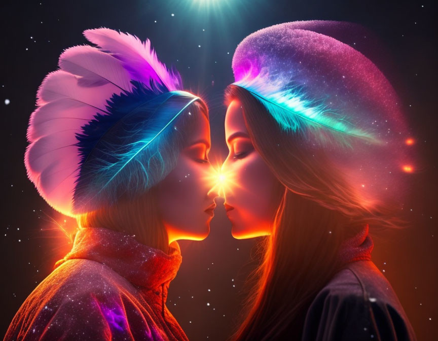 Silhouetted figures with glowing headpieces in close proximity on starry background.