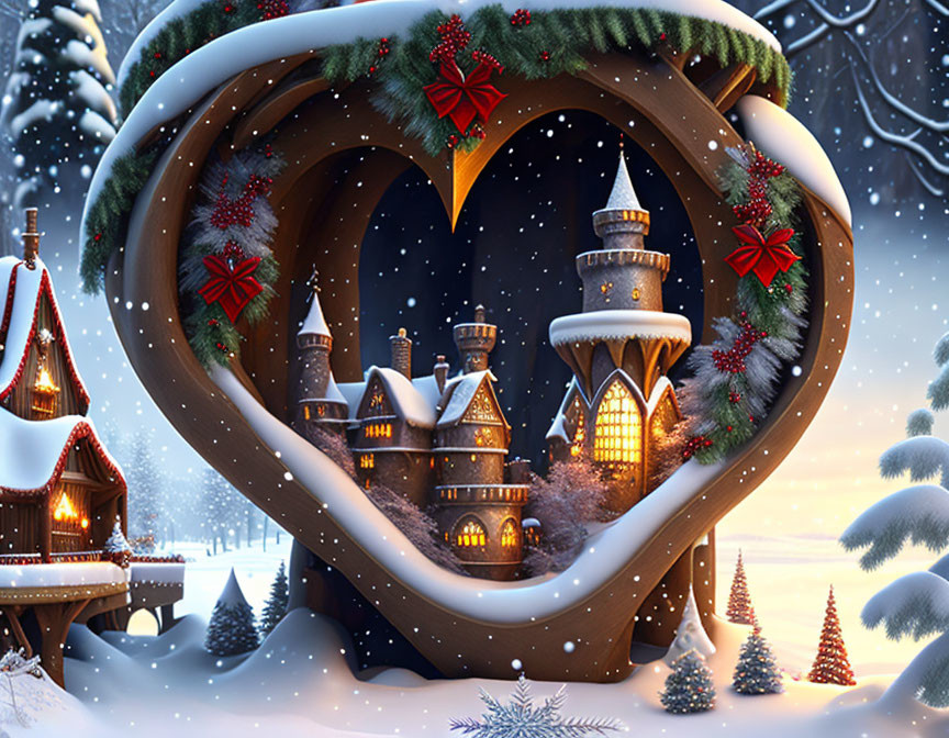 Winter Village Scene Through Heart-Shaped Frame