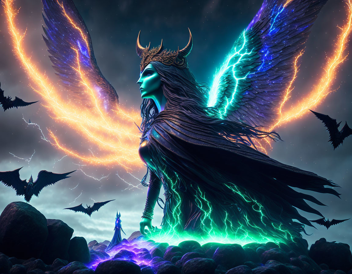 Majestic winged fantasy figure in swirling galactic night scene