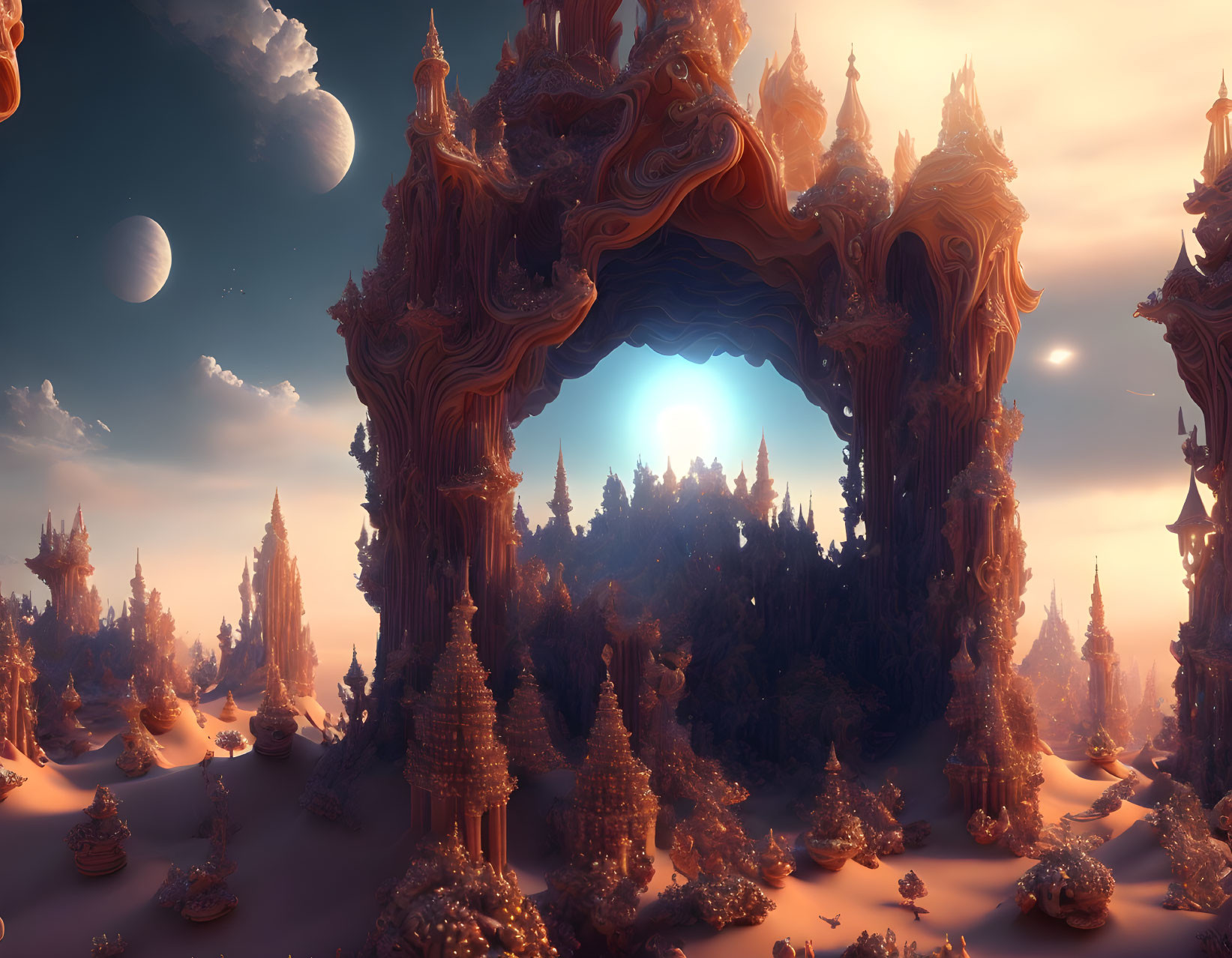 Fantastical landscape with towering structures, moons, and glowing sun