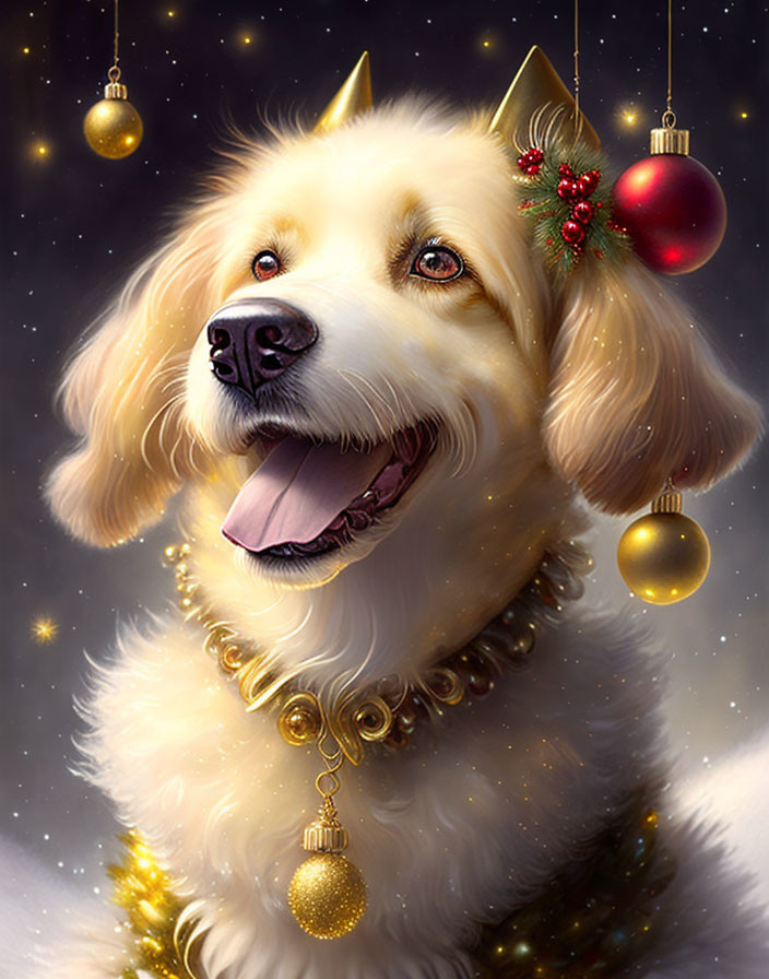 Golden dog adorned with festive decorations and surrounded by shimmering stars.