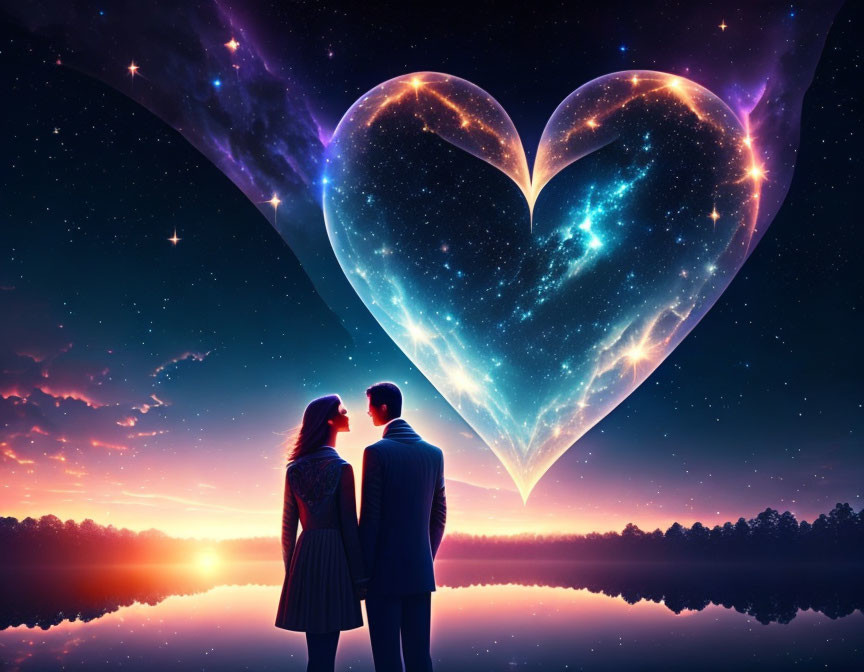 Romantic couple admiring glowing cosmic heart over starry lake