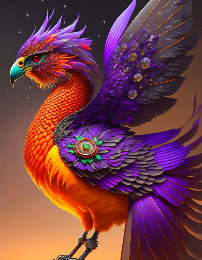 Colorful fantastical bird with peafowl and eagle features, adorned with jewel-like and mechanical details