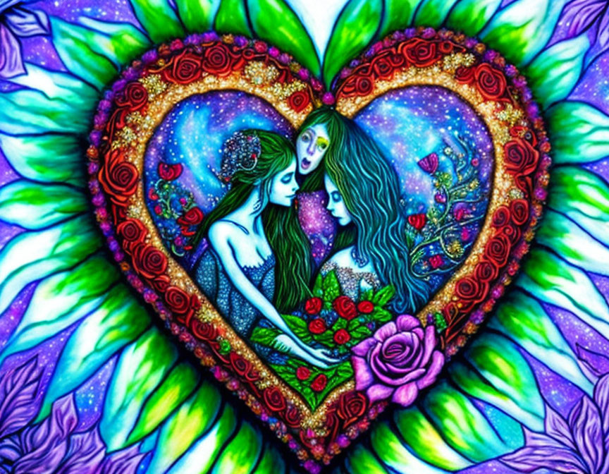 Vibrant detailed artwork: Two stylized female figures in cosmic heart border
