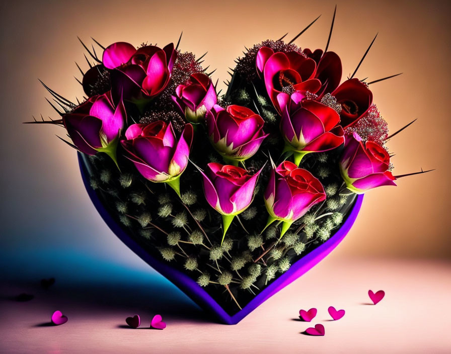 Heart-shaped cactus with spines and red/pink roses on heart cutout surface.