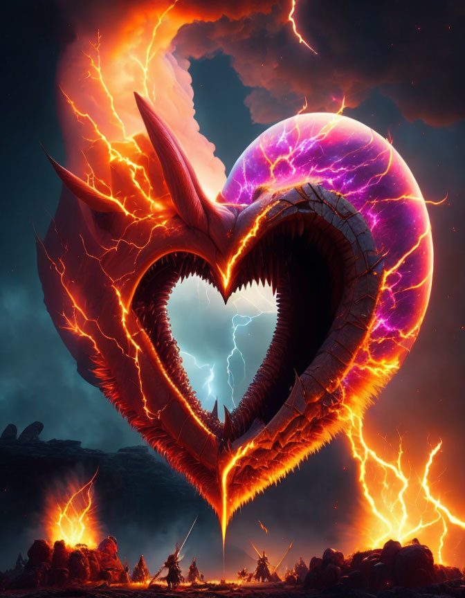 Heart-shaped dragon with glowing purple and orange hues in stormy volcanic scene