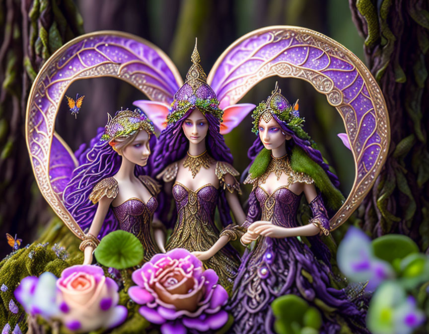 Fantasy fairy figures with purple wings in whimsical forest setting