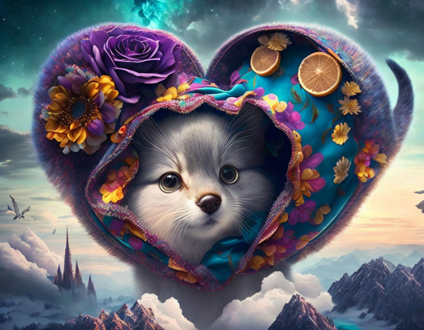 Kitten's face in heart-shaped pocket with flowers and coins against mountain backdrop