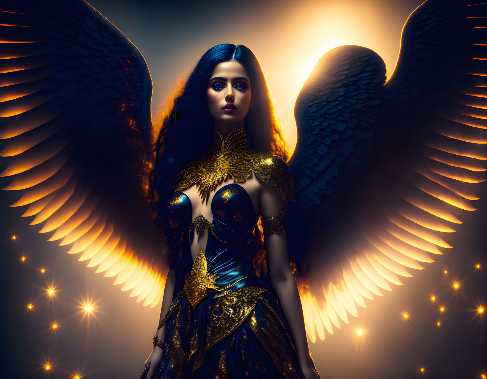 Mystical woman with dark angelic wings and golden armor in radiant setting