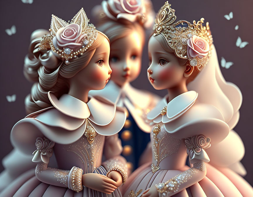 Porcelain-like dolls in elaborate dresses and crowns in sepia-toned setting