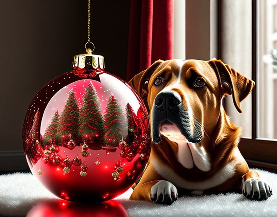 Dog next to Christmas ornament and window with red curtains