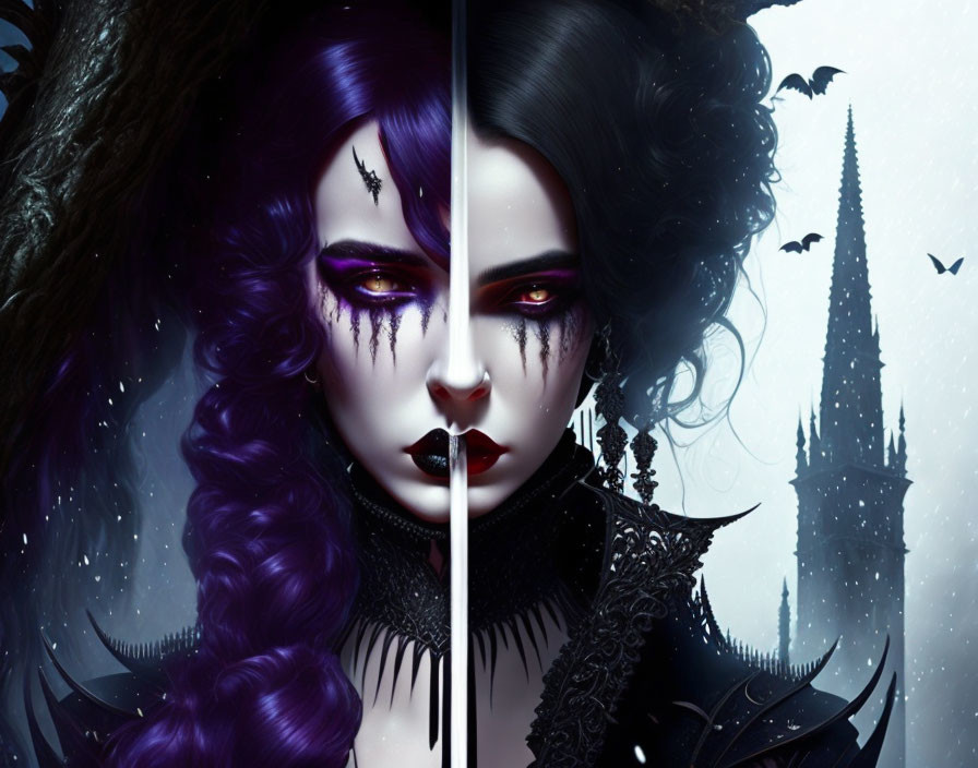 Split-face gothic woman portrait with purple hair and eyes, bats, spooky castle.