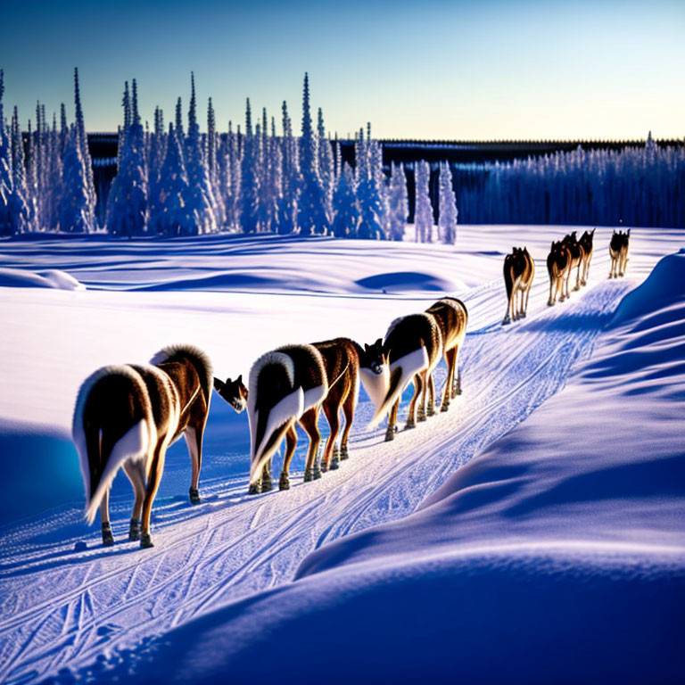 Sled dogs in snowy landscape with frost-covered trees