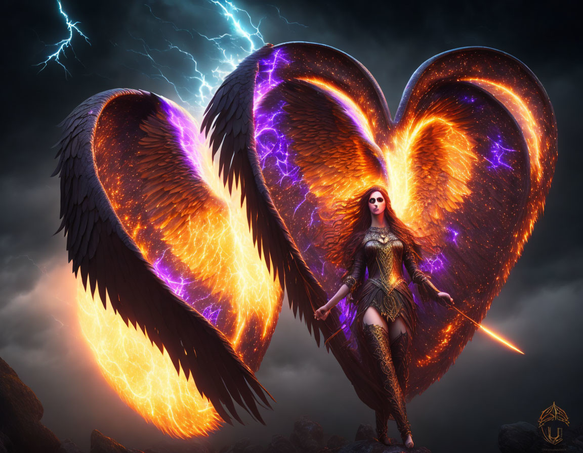 Fantastical female warrior with heart-shaped fiery wings under stormy sky