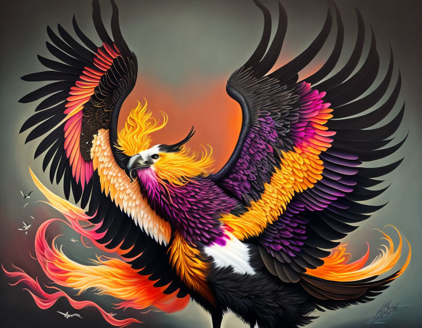 Colorful mythical phoenix flying with fiery wings on grey background