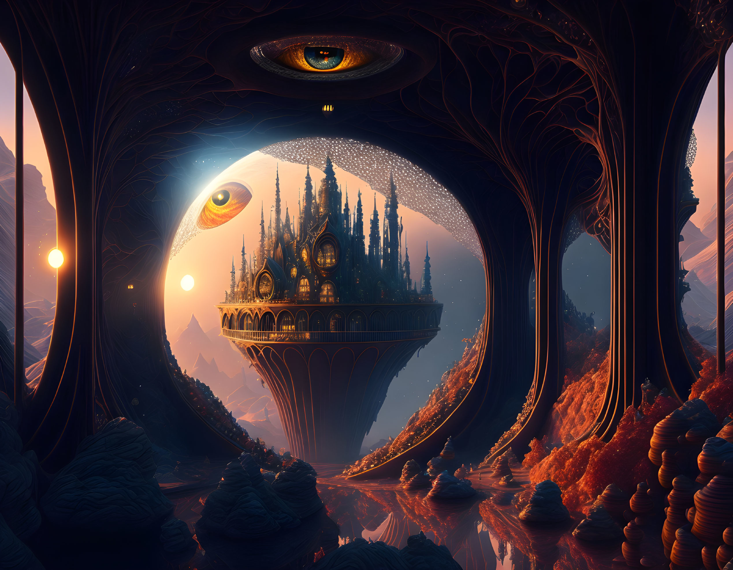 Surreal landscape with floating castle and giant eye at sunset