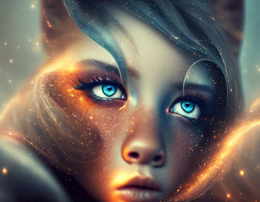 Vibrant digital art portrait of a girl with galaxy-themed makeup