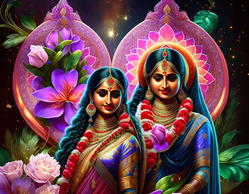 Illustration of Two Indian Deities in Traditional Attire