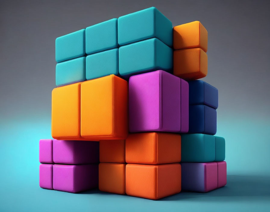 Vibrant 3D block arrangement in orange, blue, and purple on gradient backdrop