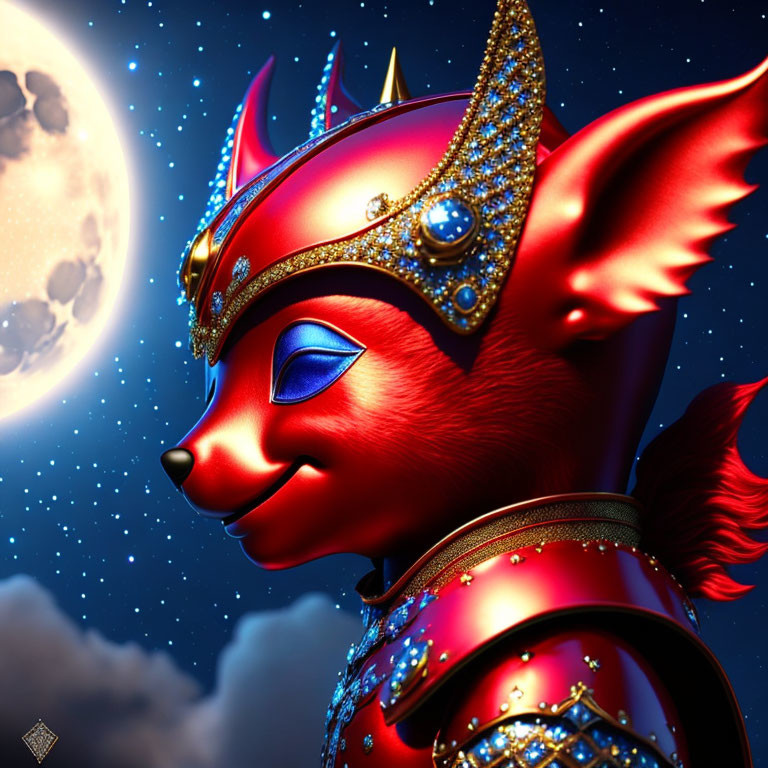 Regal red fox in jeweled armor under full moon