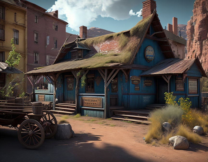 Rustic wooden building with moss-covered roof and wooden cart.