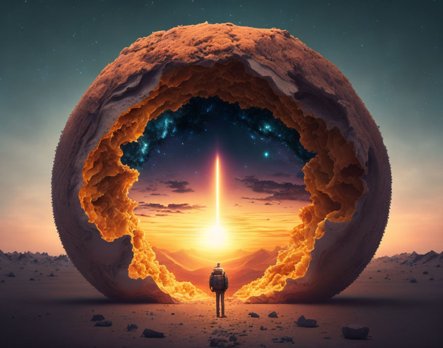 Astronaut in front of massive spherical rock formation at sunset