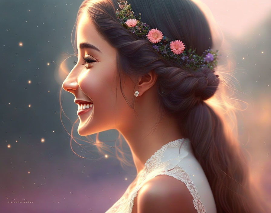 Smiling woman with braid and flower crown in magical light