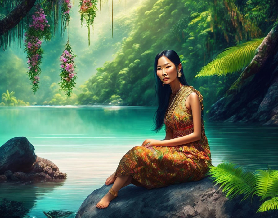 Woman in Floral Dress by Serene Lake with Purple Flowers