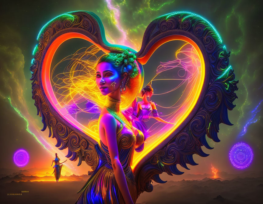 Colorful fantasy art: Woman with heart-shaped glow, small figures, swirling sky