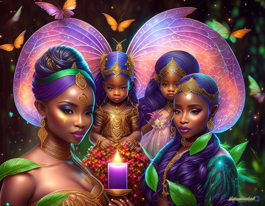 Stylized fantasy female figures in purple and gold attire with butterfly wings in dark forest.