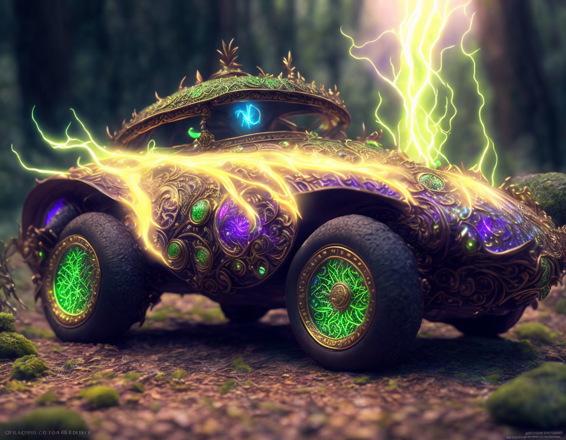 Ornately decorated car with glowing runes in enchanted forest